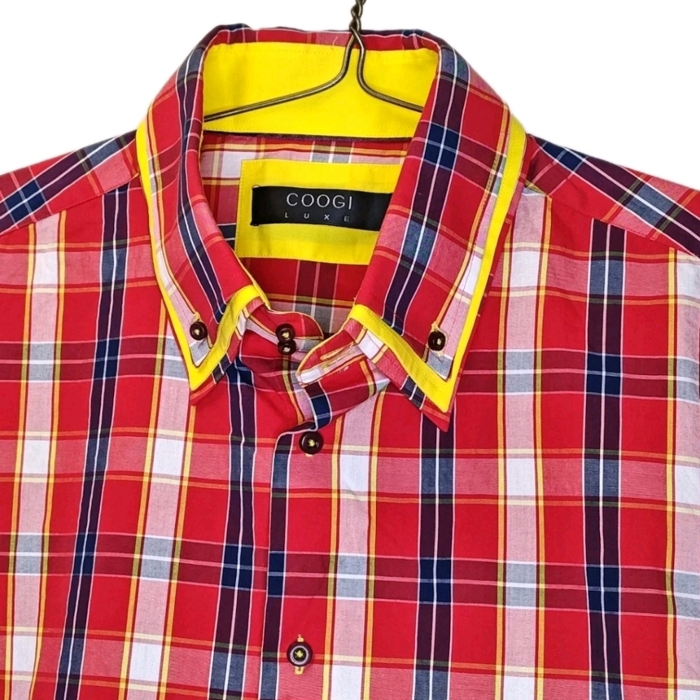 Coogi Luxe Flip Cuffs Dress Shirt 4X Red Patriot Plaid Heritage 90s Hip Hop Y2K